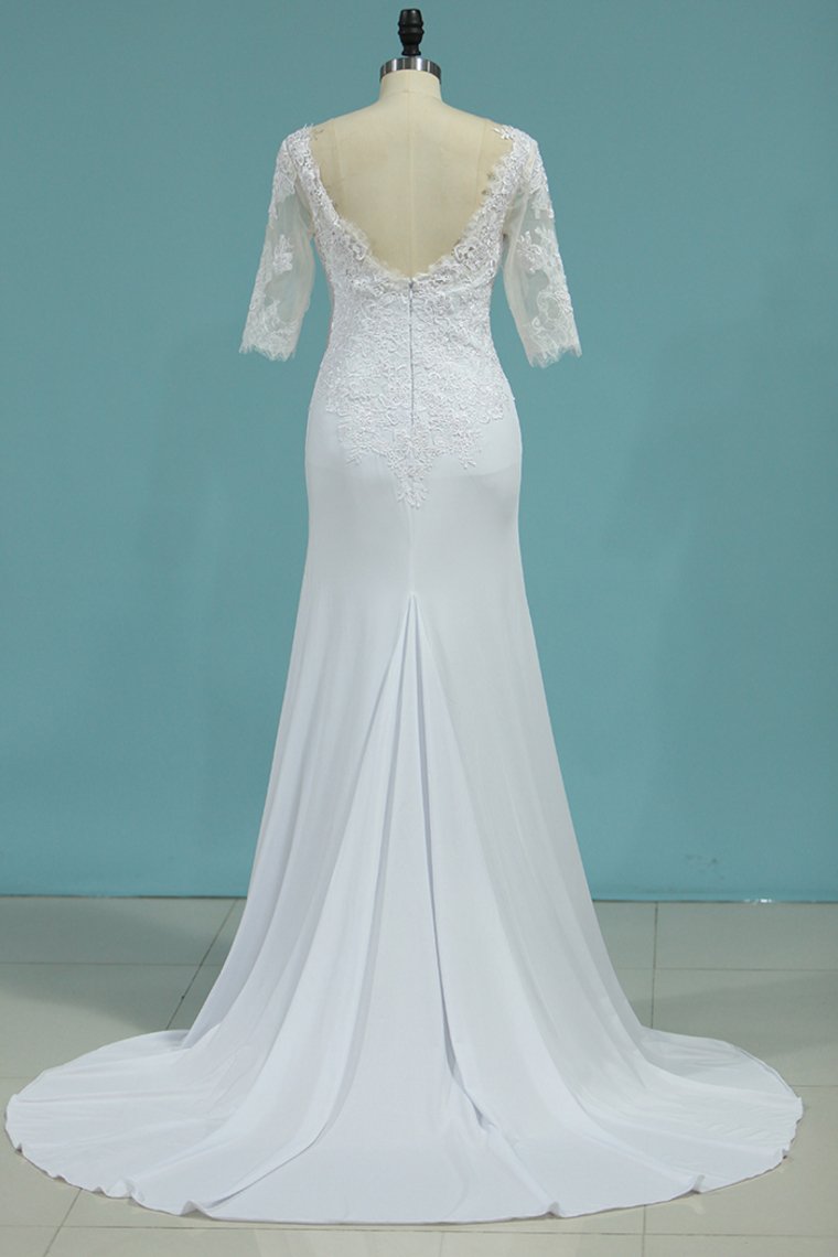 Scoop 3/4 Length Sleeves Wedding Dresses Mermaid Chiffon With Applique