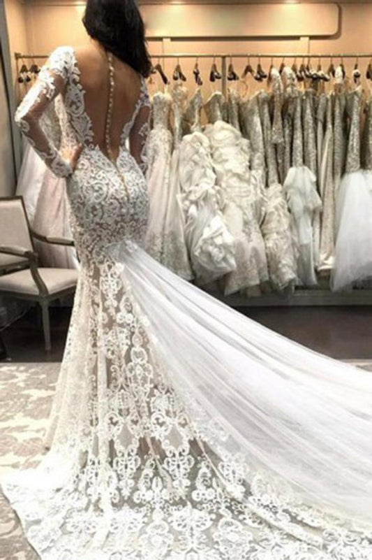 Mermaid V Neck Illusion Back Long Sleeves Ivory Tulle Court Train Wedding Dress with Lace