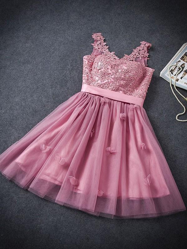 A Line Tulle Lace Appliques Lace up V Neck Pink Short Prom Dresses Homecoming Dresses JS906