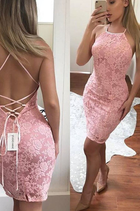 2024 Hot Sheath Halter Open Back Lace Short/Mini Cocktail Dresses Zipper Up