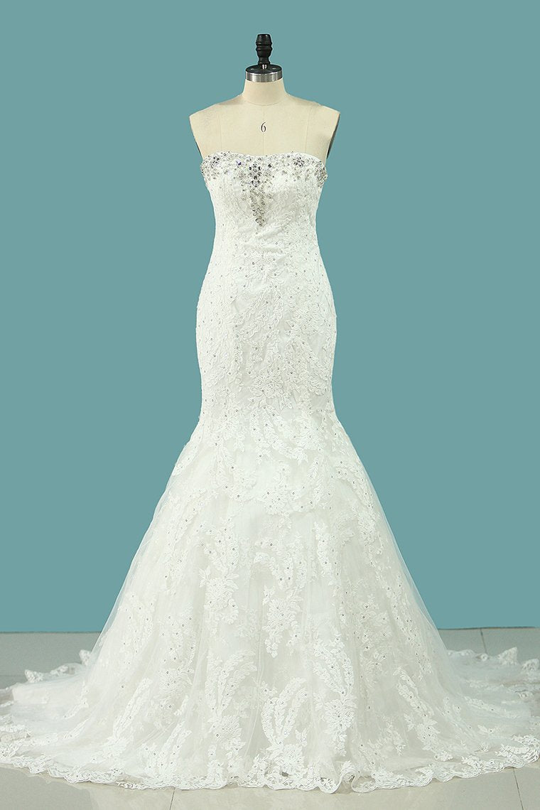 Wedding Dresses Mermaid Scalloped Neck Tulle With Applique And Beading Court Train