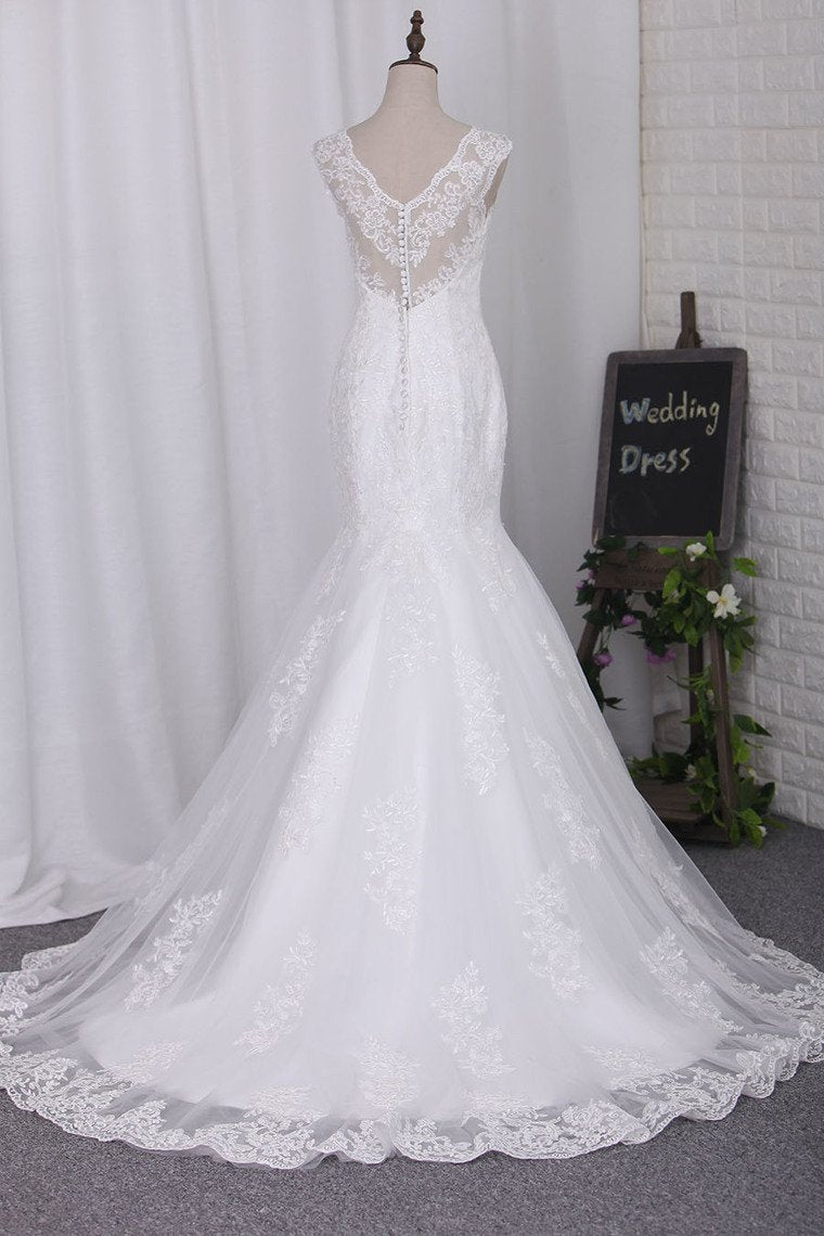 Mermaid V Neck Wedding Dresses Tulle With Applique Chapel Train Detachable