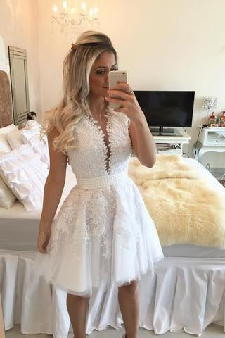 A-line Hot-selling Deep V-Neck White Lace Short Homecoming Dresses