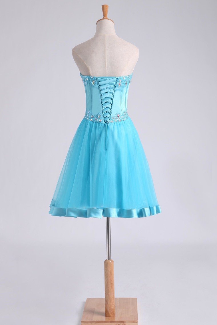 Homecoming Dresses Sweetheart A Line Short/Mini Beaded Neckline And Waistline Satin&Tulle