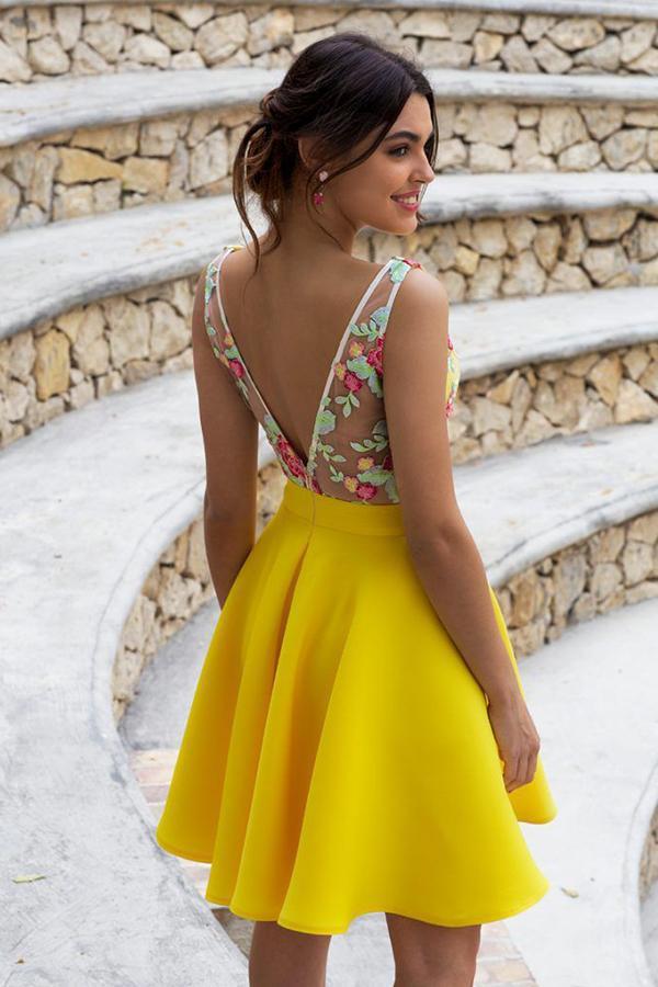 Yellow Floral Satin Illusion Back Daffodil V Neck Homecoming Dresses Short Cocktail Dresses SJS14985