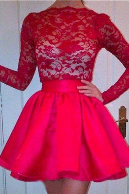 High Neckline Long Sleeves Red Lace Top Short Prom Dresses, Homecoming Dresses SJS15237