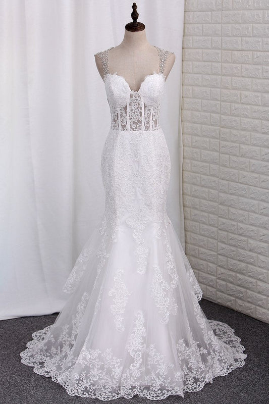 Mermaid Wedding Dresses Tulle Spaghetti Straps With Applique Court Train