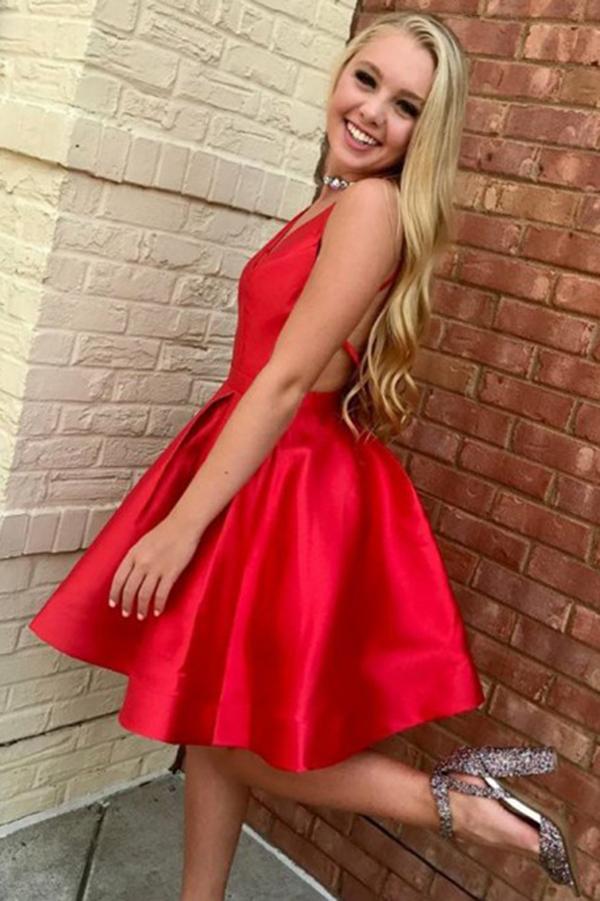 A-Line V-Neck Open Back Short Mini Red Satin Knee Length Homecoming Dresses JS662