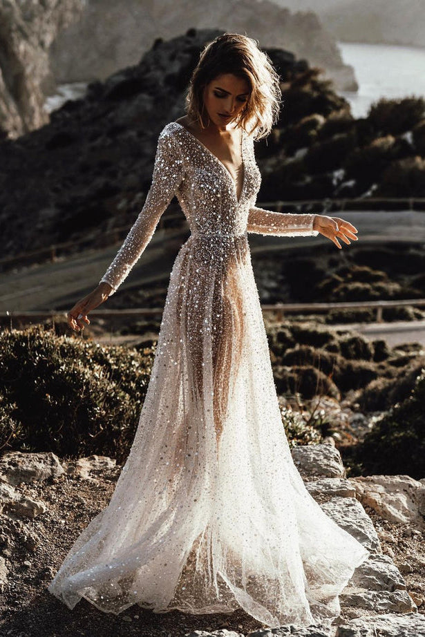 Sparkly V Neck Long Sleeves See Through Sequins Wedding Dresses