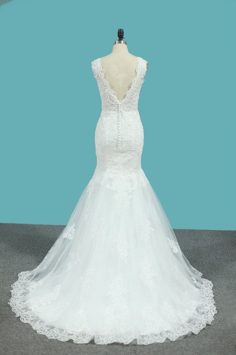 V Neck Mermaid Wedding Dresses Tulle With Applique And Beads Court Train