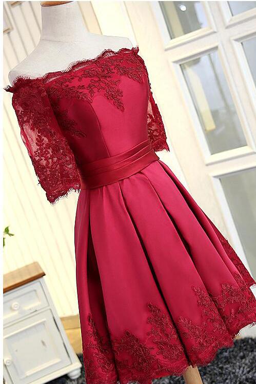 A Line Short Sleeves Satin Lace Appliques Lace up Scoop Short Prom Dress Homecoming Dresses JS752