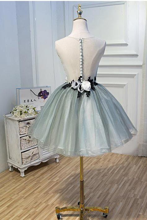 Luxury Waist Flowers See Through Backside Lolita Dress, Short Tulle Homecoming Dresses SJS14980