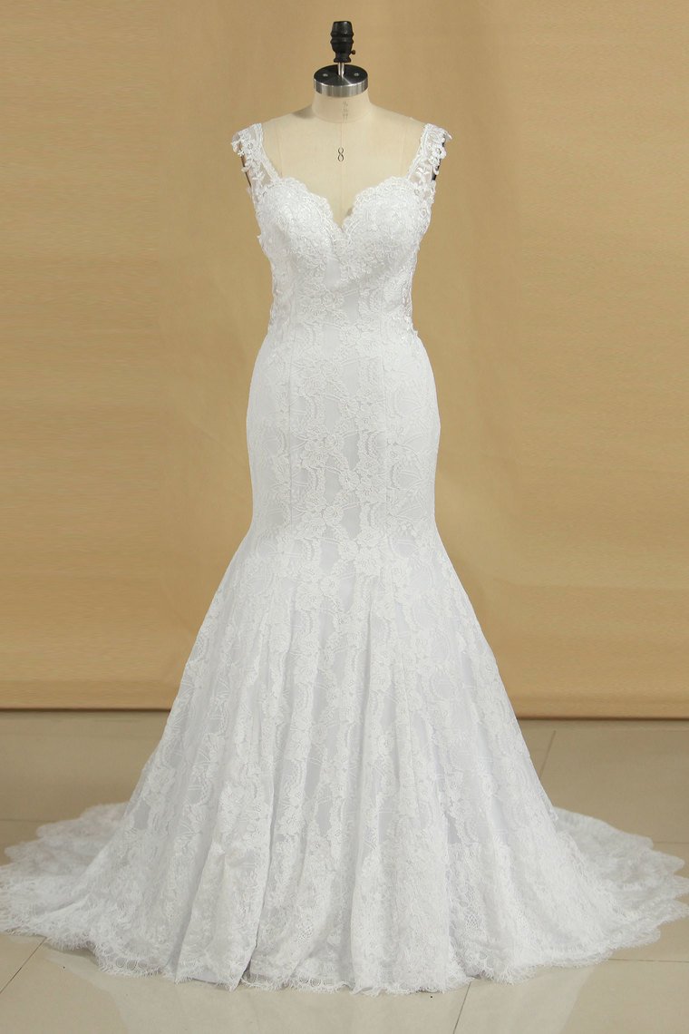 2024 Wedding Dresses Mermaid Straps Lace With Applique Sweep Train