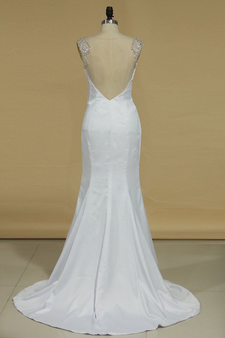 Scoop Mermaid Wedding Dresses Spandex With Beads And Slit