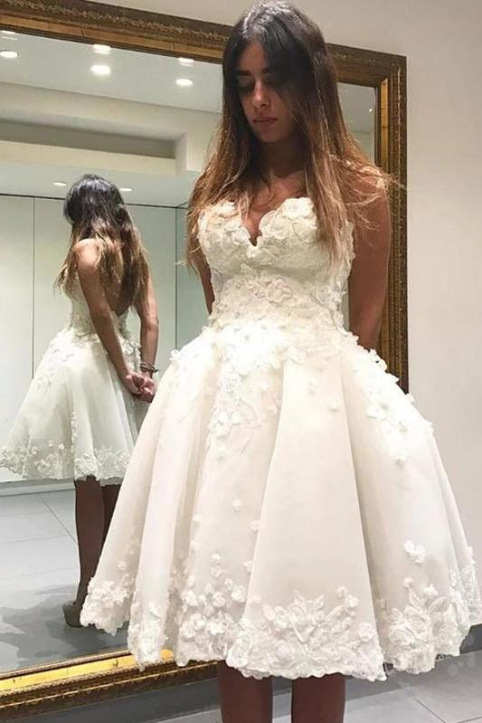 A Line V Neck Ivory Appliques Beads Homecoming Dresses Short Wedding Dresses SJS15041