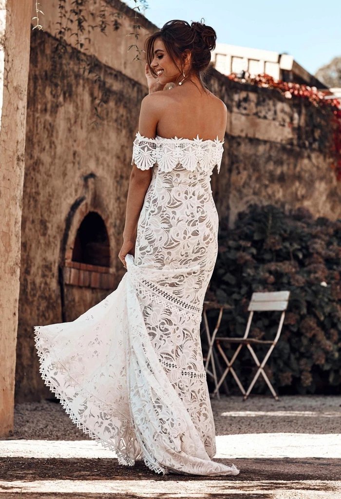 Elegant Off the Shoulder Ivory Lace Mermaid Beach Wedding Dress, Cheap Bridal Dress SRS15188