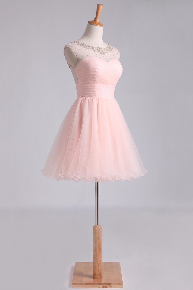 Bateau Homecoming Dresses A Line Short/Mini With Beads And Ruffles