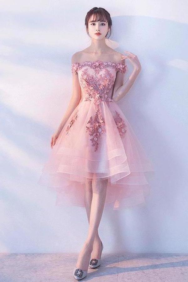 Pink Lace Tulle Short Prom Dress Off-the-Shoulder Appliques Lace up Homecoming Dresses SJSPST13190