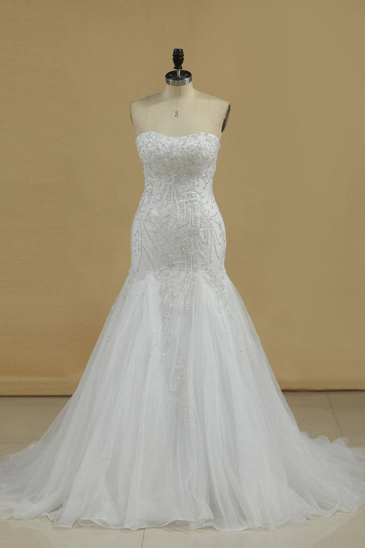 Mermaid Wedding Dresses Strapless Tulle With Beads And Embroidery Court Train