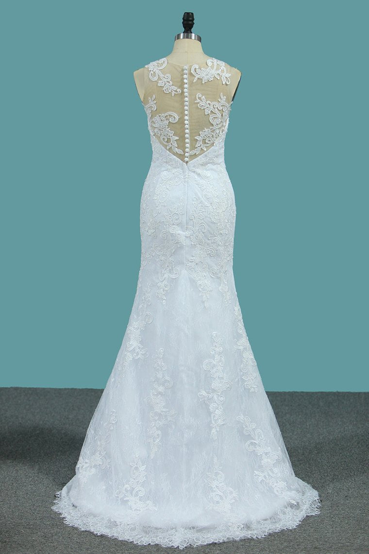 Mermaid Wedding Dresses Tulle Scoop With AppliqueCourt Train Detachable