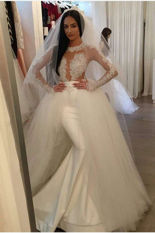 2024 Mermaid Scoop Long Sleeves Stretch Satin Wedding Dresses With Tulle Detachable Train