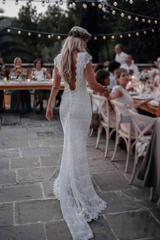 Backless Lac Mermaid Wedding Dresses Cap Sleeve Bohemian Bridal Gown