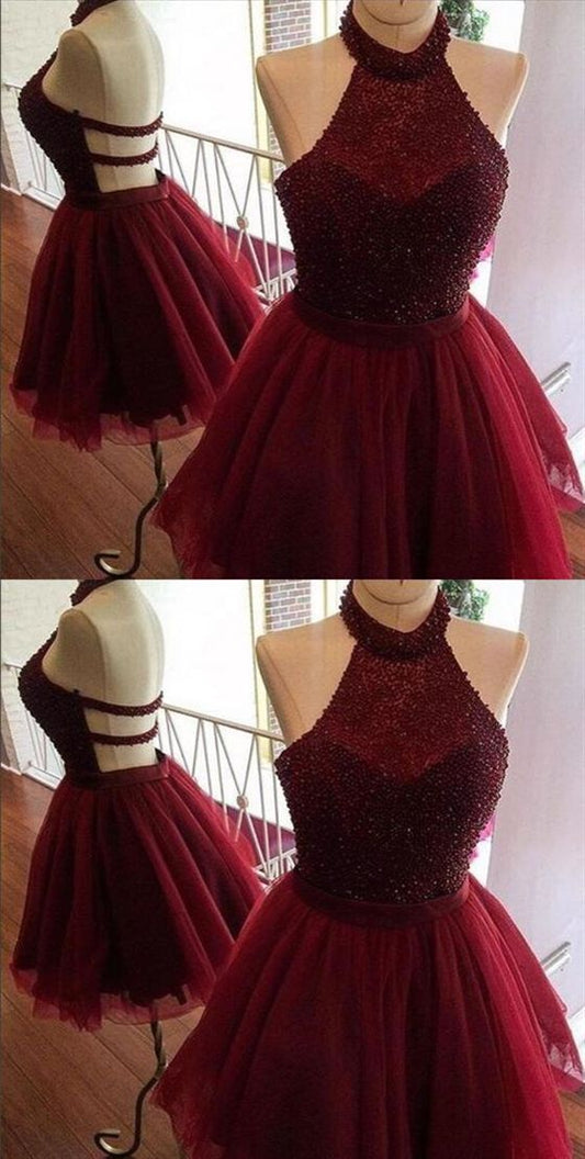 Burgundy Halter Sleeveless Backless Short Homecoming Dresses Cocktail Makenzie Dresses CD10224