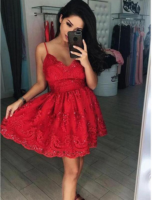 Appliques Lace Cocktail Homecoming Dresses Audrina Short , Red Straps Dress CD10506