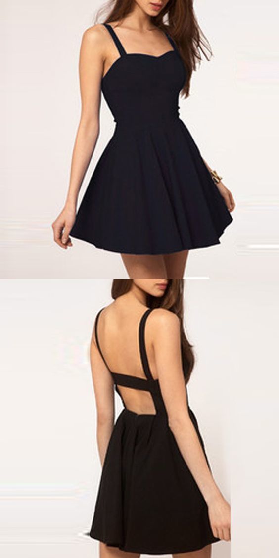 Simple A-Line Spaghetti Straps Backless Erica Homecoming Dresses Cocktail Black Short , Sexy Dress CD1102