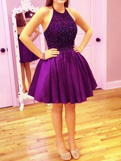 Short Open Back Party Dress, Purple Homecoming Dresses Ina Cocktail , Halter Neckline Purple Dress CD13495