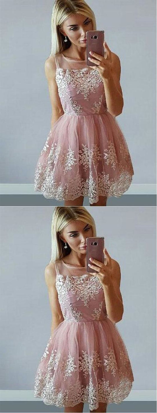 Sleeveless Dresses Pink Lace A Line Homecoming Dresses Cocktail Ariel Cheap CD14035