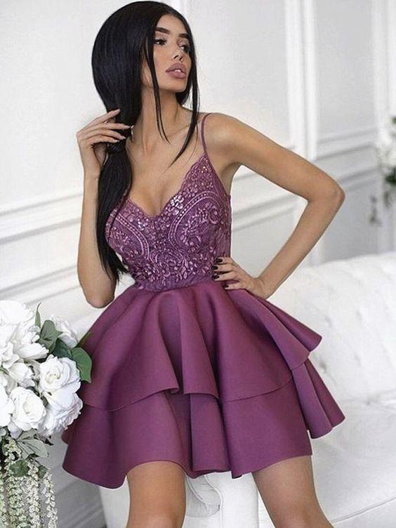 Sweetheart Neck Short Purple Dresses, Short Cocktail Homecoming Dresses Lace Summer Purple Graduation Dresses CD1447