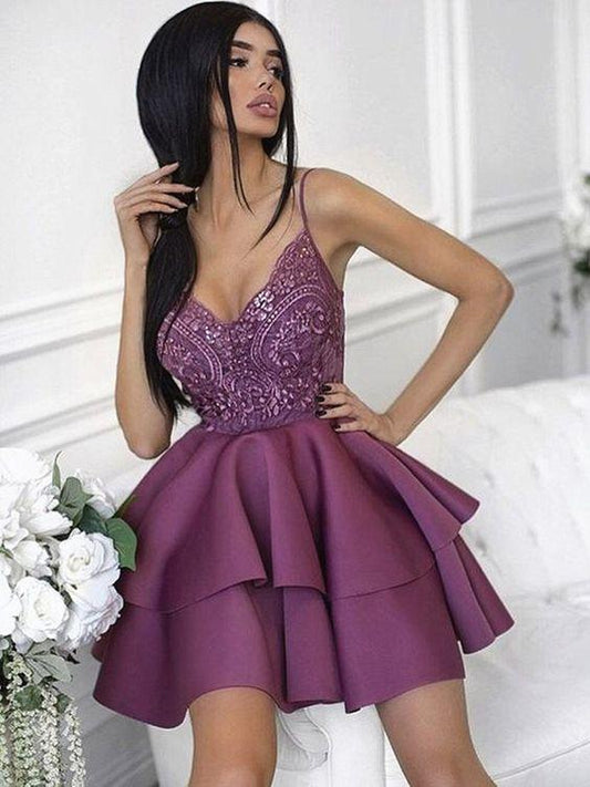 Sweetheart Neck Short Purple Dresses, Short Cocktail Homecoming Dresses Lace Summer Purple Graduation Dresses CD1447