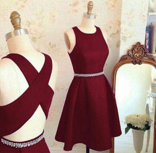 Short , Burgundy , Cross Back Short Cocktail A Line Audrey Homecoming Dresses Party Dress, Dresses CD148