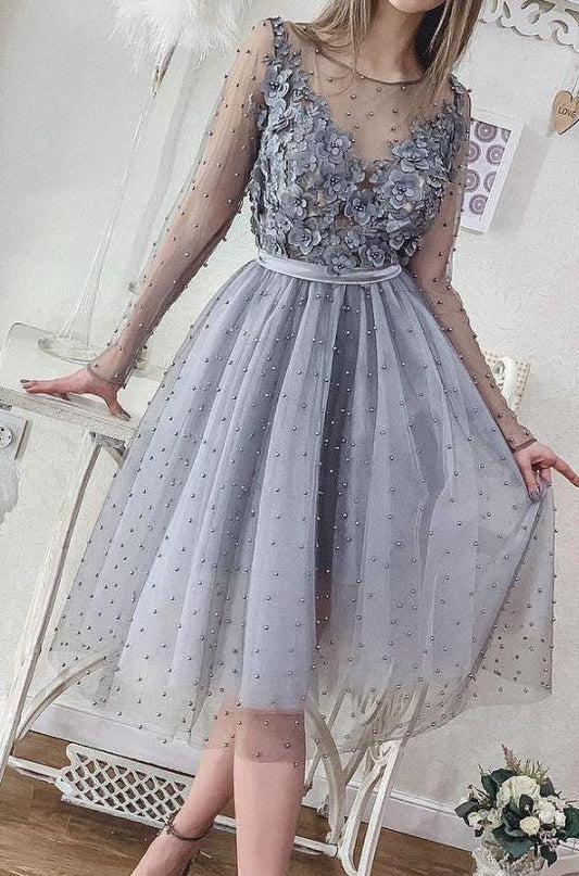 Short Silver Cocktail Homecoming Dresses Lace Briley Grey Pearls Long Sleeve Appliqued Beads Mini Party Dresses Cheap Formal Gowns CD1766