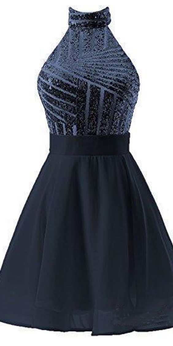 A-Line Halter Short Dress Homecoming Dresses Chiffon Cocktail Pink Patience With Sequins CD2479