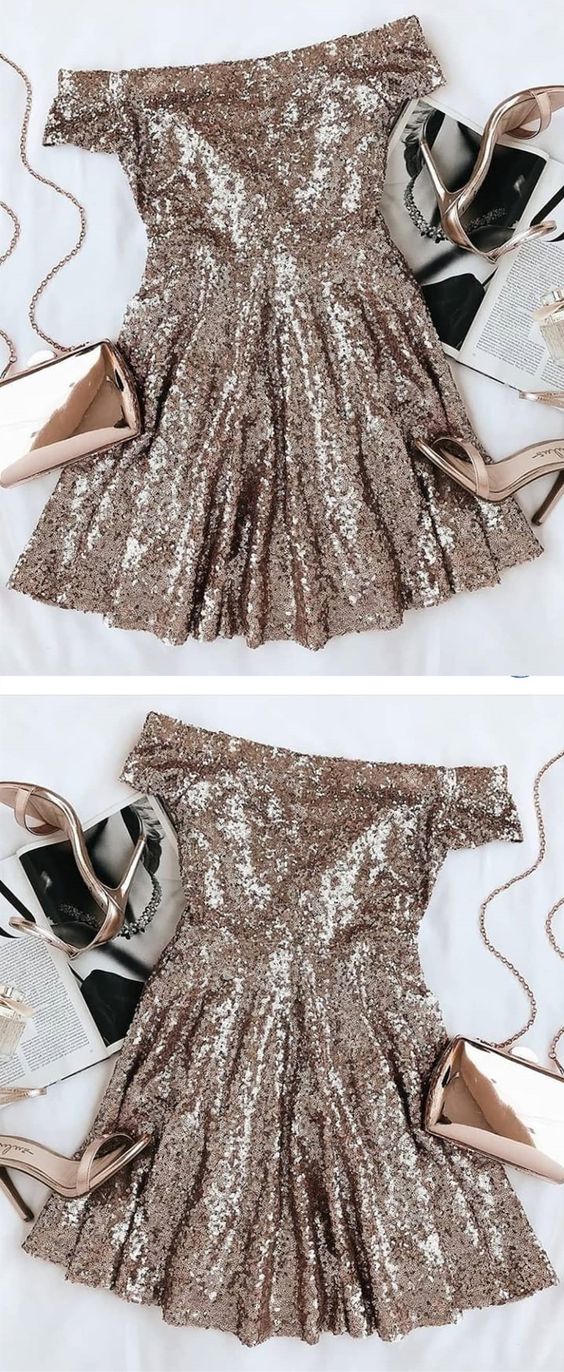 Stunning Gold Cocktail Stephanie Homecoming Dresses Seuqins , Off The Shoulder Party Dresses, Short Sleeves CD2587