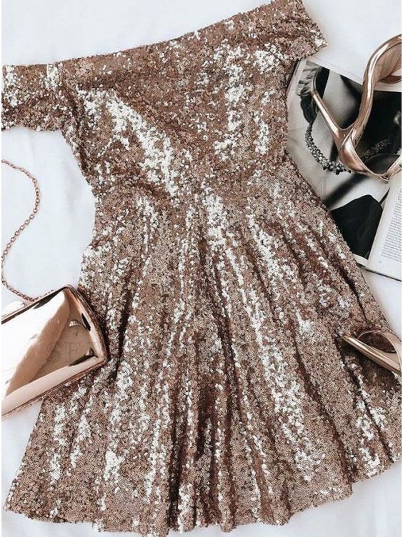 Stunning Gold Cocktail Stephanie Homecoming Dresses Seuqins , Off The Shoulder Party Dresses, Short Sleeves CD2587