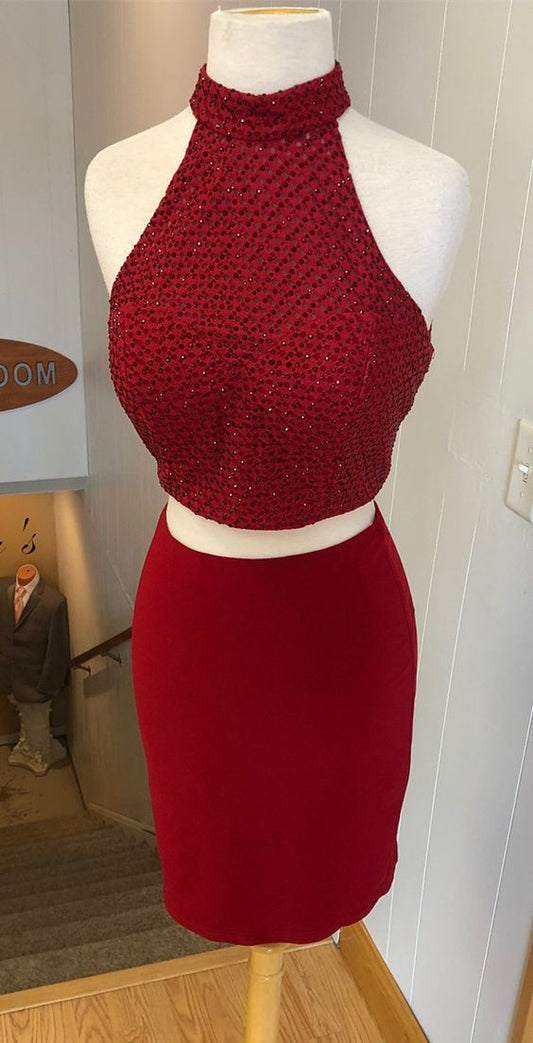 Sexy Two Piece Lana Homecoming Dresses Cocktail Short Red , 2024 , Dress CD2593