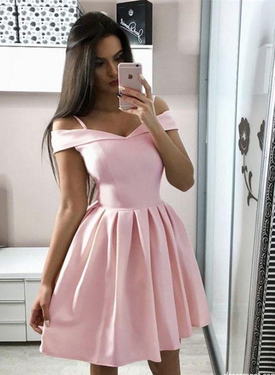 Short Off Shoulder Graduation Dresses, Homecoming Dresses Pink Erica Cocktail CD269