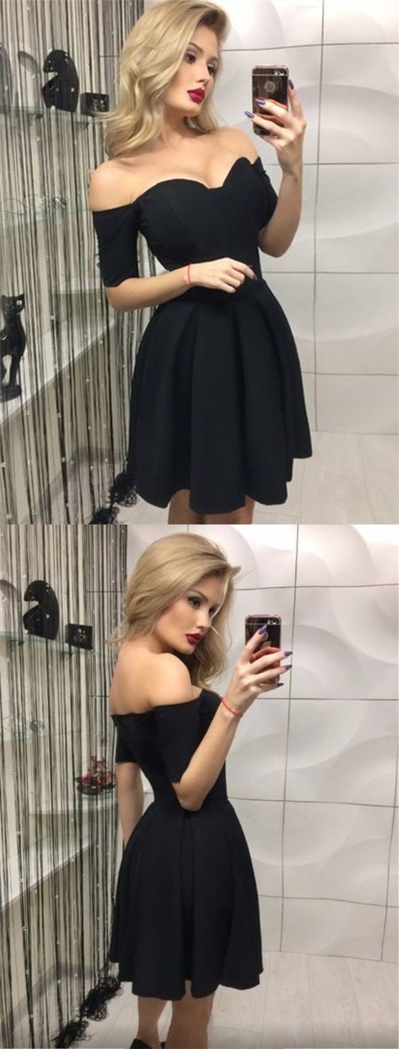 A-Line Off-The-Shoulder Saige Homecoming Dresses Cocktail Short Sleeves Black Dress CD2799