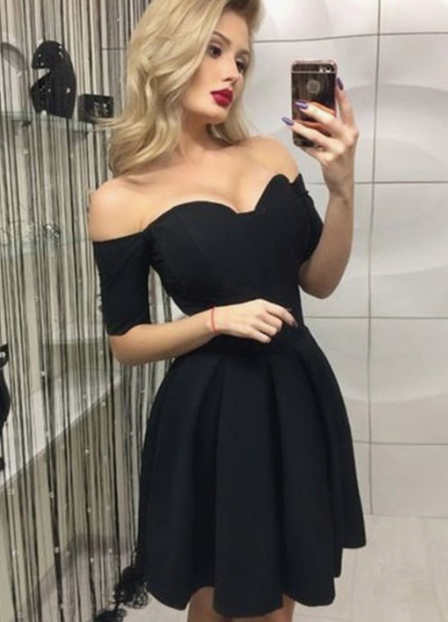 A-Line Off-The-Shoulder Saige Homecoming Dresses Cocktail Short Sleeves Black Dress CD2799