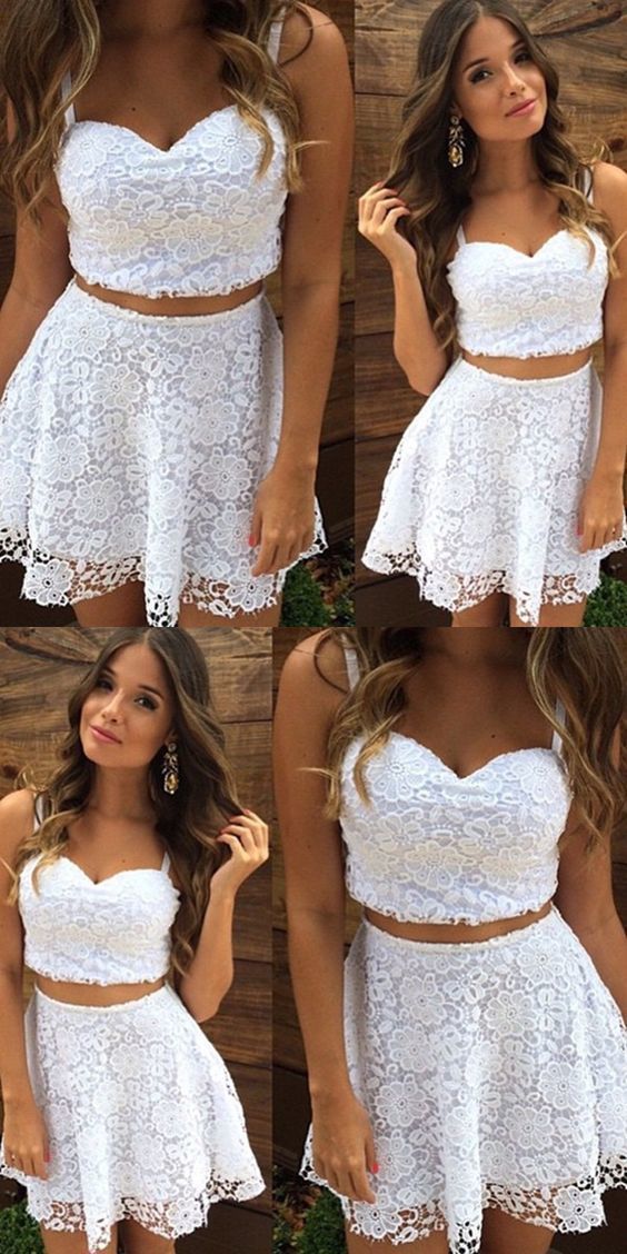 Two Piece Straps Short Cocktail Autumn Homecoming Dresses Lace White Dress, Cheap CD319