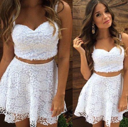 Two Piece Straps Short Cocktail Autumn Homecoming Dresses Lace White Dress, Cheap CD319