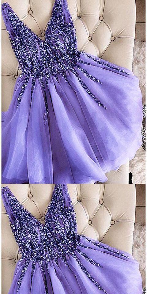 V-Neck Beaded Short Lavender Custom Made Cute Homecoming Dresses Cocktail Vicky Party Dress CD3297