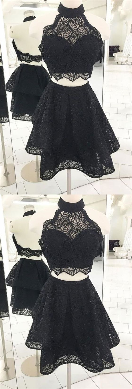 Black Halter , Short Juliet Homecoming Dresses Lace Cocktail Two Pieces Dresses CD417