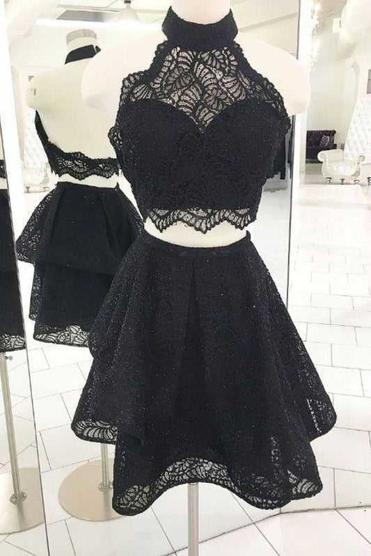 Black Halter , Short Juliet Homecoming Dresses Lace Cocktail Two Pieces Dresses CD417