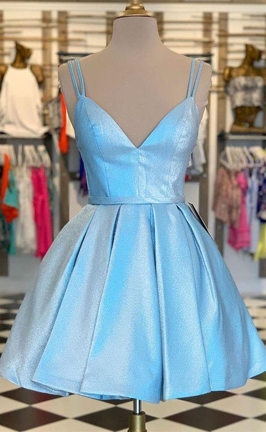 Formal Graduation Party Karen A Line Cocktail Homecoming Dresses Dresses, Spaghetti Straps Blue Party Dresses, CD4381