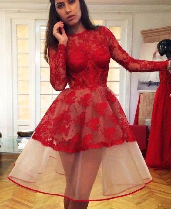 New Homecoming Dresses Macie Cocktail Lace Red Long Sleeves Dresses CD4733