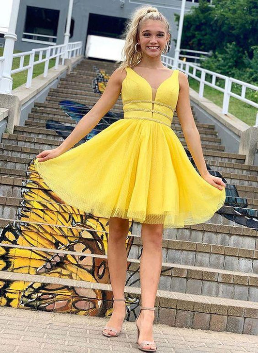 Yellow V Neck Tulle Short , Homecoming Dresses Abby Cocktail Dress CD4803